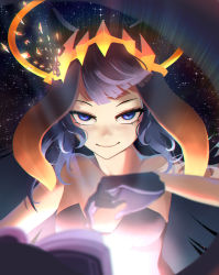 Rule 34 | 1girl, absurdres, black gloves, blue eyes, blunt bangs, blurry, blurry foreground, book, breaking, crown, depth of field, eyelashes, flat chest, floating hair, gloves, glowing, halo, highres, holding, holding book, hololive, hololive english, long hair, looking at viewer, magic, mole, mole under eye, motion lines, ninomae ina&#039;nis, ninomae ina&#039;nis (1st costume), open book, purple hair, smile, solo, space, star (symbol), starry background, tentacle hair, tsurime, upper body, virtual youtuber, zuuzii
