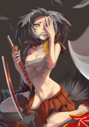 Rule 34 | 10s, 1girl, alternate costume, bandages, bare arms, bare legs, bare shoulders, barefoot, bird tail, black hair, blonde hair, blood, breasts, broken, broken sword, broken weapon, budget sarashi, cleavage, clenched teeth, covering one eye, full body, grey hair, groin, hand on own face, hands up, high collar, highres, holding, holding sword, holding weapon, jacket, jacket on shoulders, katana, kemono friends, kidy (kidy siow), long hair, looking at viewer, multicolored hair, navel, no panties, one eye closed, open clothes, open skirt, ringed eyes, sarashi, shoebill (kemono friends), side ponytail, sitting, skirt, slit pupils, solo, stomach, sword, tearing up, teeth, toned, torn clothes, torn jacket, wariza, weapon, yellow eyes