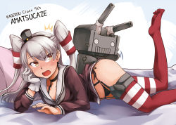 Rule 34 | 10s, 1girl, amatsukaze (kancolle), black panties, blush, gloves, highres, kantai collection, leg up, nam (valckiry), on bed, panties, red thighhighs, rensouhou-kun, silver hair, solo, thighhighs, twintails, two side up, typo, underwear, white gloves, yellow eyes