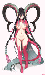 Rule 34 | + +, 1girl, absurdly long hair, absurdres, black hair, braid, cleft of venus, crossed bangs, curled horns, dragon girl, fate/grand order, fate (series), feet, full body, functionally nude, gloves, highres, horn ornament, horns, long hair, long horns, ninai, nipples, nude, pointy ears, pussy, smile, solo, standing, symbol-shaped pupils, thighhighs, tiamat (fate), twin braids, twintails, very long hair