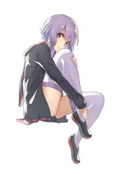 Rule 34 | 1girl, 3:, bad id, bad pixiv id, black footwear, blush, closed mouth, from side, full body, green eyes, highres, hood, hoodie, knee up, long hair, looking at viewer, low twintails, open clothes, open hoodie, oweee, purple hair, purple thighhighs, shoes, short hair with long locks, simple background, sitting, solo, thighhighs, thighs, twintails, vocaloid, voiceroid, white background, yuzuki yukari
