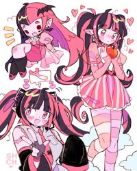 2girls apple bat_earrings black_hair chibi colored_skin commentary cosplay draculaura dual_persona earrings english_commentary food fruit hatsune_miku hatsune_miku_(cosplay) heart heart_on_cheek highres holding jewelry long_hair looking_at_viewer monster_high monster_high_(g1) monster_high_(g3) multicolored_hair multiple_girls open_mouth pink_eyes pink_hair pink_skin pink_theme pointy_ears safety_pin_earring sharpycharot shirt skirt smile streaked_hair striped_hair twintails two-tone_hair vampire vocaloid white_background