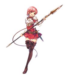 Rule 34 | 1girl, armor, belt, boots, breastplate, brown footwear, brown thighhighs, cross-laced footwear, dress, elbow gloves, est (fire emblem), female focus, fingerless gloves, fire emblem, fire emblem: mystery of the emblem, fire emblem heroes, full body, gloves, headband, highres, holding, holding weapon, lace-up boots, lance, leather, leather boots, matching hair/eyes, miwabe sakura, nintendo, official art, open mouth, pink eyes, pink hair, pink thighhighs, polearm, short dress, short hair, shoulder pads, smile, solo, sword, thigh boots, thighhighs, transparent background, weapon, zettai ryouiki