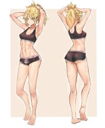 Rule 34 | 1girl, abs, absurdres, adjusting hair, alternate costume, angry, armpits, arms behind head, ass, blonde hair, border, braid, breasts, brown background, deccatezu, fate/grand order, fate (series), female focus, french braid, frown, full body, green eyes, heel up, highres, mordred (fate), multiple views, navel, outside border, ponytail, short shorts, shorts, small breasts, solo, sports bra, sweat, white border