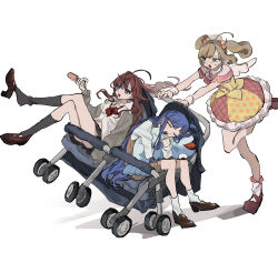 3girls ahoge asari_nanami bare_shoulders black_skirt black_socks blue_eyes blue_hair bow bowtie brown_dress brown_footwear brown_hair cardigan closed_eyes commentary_request crossed_legs detached_collar dress fake_wings floating_hair forced_smile full_body glaring green_eyes grey_cardigan hair_bobbles hair_ornament highres holding holding_rattle hugging_doll hugging_object ichinose_shiki idolmaster idolmaster_cinderella_girls jacket kneehighs loafers long_hair long_sleeves loose_bowtie medium_hair miniskirt multicolored_clothes multicolored_skirt multiple_girls navel necktie off_shoulder open_cardigan open_clothes open_mouth pinafore_dress pink_jacket pink_necktie pink_skirt plaid_clothes plaid_skirt pleated_skirt polka_dot polka_dot_skirt pushing rattle running sato_shin shirt shoe_dangle shoes short_dress short_necktie simple_background single_hair_ring sitting skirt sleeping sleeveless sleeveless_dress sleeveless_jacket smile socks standing standing_on_one_leg stroller stuffed_animal stuffed_fish stuffed_toy sweat twintails two_side_up v-shaped_eyebrows very_long_hair white_background white_shirt wings yawarakai_inu yellow_skirt