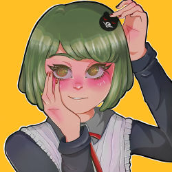Rule 34 | 1girl, @ @, arm up, bear hair ornament, black dress, blush, child, collared dress, danganronpa (series), danganronpa another episode: ultra despair girls, dress, eyebrows hidden by hair, fingernails, frilled dress, frills, green eyes, green hair, hair ornament, hand on own cheek, hand on own face, hand up, highres, long eyelashes, long sleeves, looking at viewer, matching hair/eyes, medium hair, nail polish, neck ribbon, neckwear request, palms, red nails, red ribbon, ribbon, simple background, spiral, teeth, towa monaca, upper body, upper teeth only, yellow background