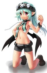 Rule 34 | 1girl, aqua hair, bike shorts, blush, boots, breasts, full body, hand on own hip, hip focus, katahira masashi, kneeling, long hair, navel, original, personification, pointy ears, red eyes, shorts, simple background, smile, solo, watch, white background, wings, wristwatch