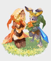 Rule 34 | 1boy, 1girl, absurdres, armor, black veil, blonde hair, blue eyes, blush, bouquet, breastplate, brown thighhighs, cornelius (odin sphere), flower, frilled thighhighs, frills, full body, gauntlets, grass, hand on own chest, highres, holding, holding bouquet, hood, hood up, kneeling, looking at another, mossan351, navel, odin sphere, rabbit, skirt, smile, standing, sword, thighhighs, veil, velvet (odin sphere), weapon, weapon on back, white background