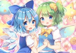 Rule 34 | 2girls, bad id, bad pixiv id, blue bow, blue eyes, blue hair, blush, bow, cirno, coa (chroo x), daiyousei, flower, green hair, hair bow, heart, highres, honoka chiffon, ice, ice wings, interlocked fingers, looking at viewer, multiple girls, open mouth, plaid, plaid background, puffy short sleeves, puffy sleeves, short hair, short sleeves, side ponytail, smile, star (symbol), touhou, wings
