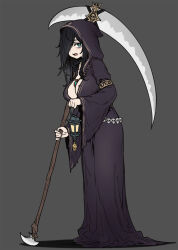 Rule 34 | 1girl, bags under eyes, black background, black dress, black hair, breasts, cleavage, death (entity), dress, full body, green eyes, hair over one eye, highres, holding, holding lamp, holding scythe, hood, houtengeki, jewelry, large breasts, looking at viewer, medium hair, open mouth, original, pendant, scythe, simple background, skull, solo, standing