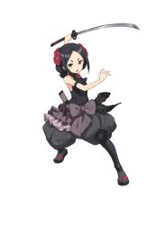 Rule 34 | 1girl, black eyes, black hair, black legwear, chestnut mouth, eyebrows, fighting stance, flower, forehead, full body, hair flower, hair ornament, highres, katana, official art, open mouth, princess principal, princess principal game of mission, sandals, sheath, solo, standing, sword, toudou chise, transparent background, weapon