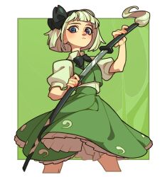 Rule 34 | 1girl, black bow, black bowtie, blue eyes, bob cut, bow, bowtie, collared shirt, cowboy shot, drawing sword, frilled skirt, frills, green skirt, green theme, green vest, grey hair, hitodama print, holding, holding sword, holding weapon, katana, konpaku youmu, puffy short sleeves, puffy sleeves, scabbard, sheath, shirt, short hair, short sleeves, skirt, soemy, sword, touhou, vest, weapon, white shirt
