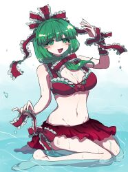 Rule 34 | 1girl, arm ribbon, bow, breasts, cleavage, commission, frilled bow, frilled ribbon, frills, front ponytail, green eyes, green hair, hair bow, hair ribbon, highres, kagiyama hina, looking at viewer, oyatu yatu, red bow, red ribbon, red skirt, ribbon, skeb commission, skirt, smile, solo, swimsuit, touhou, water
