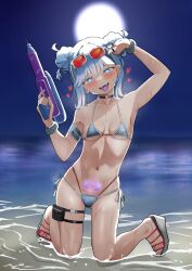 Rule 34 | 1girl, absurdres, adjusting eyewear, alternate costume, alternate hairstyle, arm up, armband, armpits, backlighting, bare shoulders, beach, bikini, black choker, blue armband, blue bikini, blue eyes, blue hair, blue nails, blush, breasts, candy, choker, collarbone, commentary, double bun, earclip, earrings, empty eyes, english commentary, eyewear on head, finger on trigger, food, food in mouth, full body, glowing tattoo, hair bun, head tilt, heart, heart-shaped pupils, heart tattoo, highres, holding, holding water gun, hololive, hololive indonesia, horizon, jewelry, kneeling, kobo kanaeru, lollipop, looking at viewer, moon, multi-strapped bikini bottom, nail polish, naughty face, navel, night, night sky, o-ring, o-ring choker, ocean, open mouth, outdoors, pouch, pubic tattoo, raikkonen, red-tinted eyewear, sandals, side-tie bikini bottom, sky, small breasts, smile, solo, stomach, sunglasses, swimsuit, symbol-shaped pupils, tattoo, thigh pouch, thigh strap, tinted eyewear, toenail polish, toenails, tongue, tongue out, variant set, virtual youtuber, water, water gun, white footwear