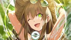 Rule 34 | artist request, bad id, bad pixiv id, bracelet, character request, check character, copyright request, eyewear on head, green bracelet, green eyes, hair between eyes, happy, jewelry, long hair, one eye closed, smile, source request, splashing, sunglasses, upper body, very long hair, water