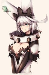 Rule 34 | 1girl, ahoge, bad id, bad twitter id, blush, breasts, cleavage, clover, collar, dress, elphelt valentine, four-leaf clover, green eyes, guilty gear, guilty gear xrd, hairband, hat, highres, large breasts, looking at viewer, short hair, silver hair, smile, snm (sunimi), solo, spiked collar, spikes, spoilers, swept bangs, upper body, v arms, white dress