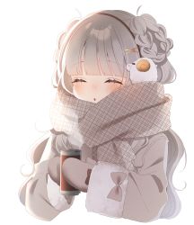 Rule 34 | 1girl, absurdres, blunt bangs, blush, bow, can, canned coffee, closed eyes, coat, drink can, earmuffs, enpera, fur-trimmed sleeves, fur trim, grey bow, grey coat, grey hair, grey mittens, grey scarf, hair ornament, hair rings, highres, holding, holding can, long hair, long sleeves, mittens, open mouth, original, plaid, plaid scarf, scarf, simple background, solo, uu3cm, white background, winter clothes, x hair ornament