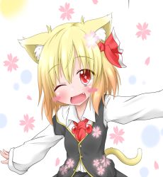 Rule 34 | 1girl, animal ears, blonde hair, blush stickers, cat ears, cat girl, cat tail, cherry blossoms, fang, female focus, hair ribbon, oden (th-inaba), one eye closed, petals, red eyes, ribbon, rumia, solo, symbol-shaped pupils, tail, touhou, wink