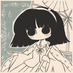 Rule 34 | 1other, :o, amanomiya jun, black eyes, black hair, blue background, blunt bangs, blunt ends, border, bow, bowtie, cape, collared shirt, floral background, hairband, hakama, holding, holding umbrella, japanese clothes, len&#039;en, light blush, long sleeves, looking up, lowres, medium hair, memorisleep, monochrome, oil-paper umbrella, open mouth, outline, outstretched hand, polka dot, rain, shirt, solo, spot color, umbrella, umbrella hair ornament, upper body, white border, white outline, wide sleeves