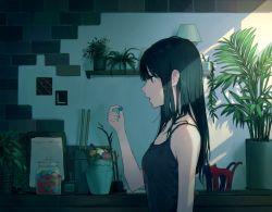 Rule 34 | 1girl, absurdres, black shirt, breasts, candy, flower, food, highres, indoors, jar, lamp, long hair, open mouth, original, plant, potted plant, profile, shelf, shichi (ratorin53), shirt, sleeveless, small breasts, solo, statue, sunlight
