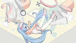 Rule 34 | 1girl, blue eyes, blue hair, book, falling, goggles, goggles on head, hatsune miku, long hair, maako (yuuyake.), magnifying glass, matching hair/eyes, pencil, ruler, solo, speaker, twintails, very long hair, vocaloid