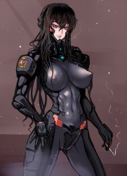 Rule 34 | 1girl, beatrix bremer, black hair, bodysuit, breasts, cigarette, cleavage, covered erect nipples, covered navel, female pubic hair, fortified suit, hand on own hip, huge breasts, long hair, maebari, mikazuki shigure, muv-luv, muv-luv alternative, nipples, pilot suit, pubic hair, red eyes, schwarzesmarken, see-through, smile, smoke, solo
