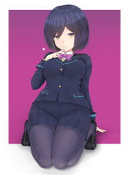 Rule 34 | 1girl, absurdres, black footwear, black hair, blazer, blue jacket, blue skirt, blush, bow, breasts, closed mouth, collared shirt, commentary request, dress shirt, finger to mouth, full body, grey pantyhose, hand up, heart, highres, jacket, loafers, long sleeves, medium breasts, nijisanji, pantyhose, parted bangs, pleated skirt, purple background, purple bow, shirt, shizuka rin, shoes, short hair, skirt, smile, solo, sweater, temari rin, two-tone background, virtual youtuber, white background, white shirt, yellow eyes, yellow sweater
