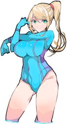 Rule 34 | 1girl, aqua eyes, blonde hair, blue leotard, breasts, closed mouth, covered navel, enpe, highres, large breasts, leotard, long hair, looking at viewer, metroid, nintendo, ponytail, samus aran, simple background, smile, solo, white background, zero suit