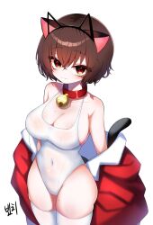 Rule 34 | 1girl, animal ears, bare shoulders, bell, blush, breasts, brown hair, cat ears, cat girl, cat tail, cleavage, closed mouth, collar, collarbone, commentary request, copyright request, covered navel, fake animal ears, fang, fang out, hair between eyes, highres, jacket, jingle bell, large breasts, looking at viewer, neck bell, o2h2 oh4, off shoulder, one-piece swimsuit, red collar, red eyes, red jacket, signature, simple background, smile, solo, swimsuit, tail, thighhighs, white background, white one-piece swimsuit, white thighhighs