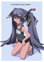 Rule 34 | 1girl, black hair, black one-piece swimsuit, blue background, character name, dated, diving mask, diving mask on head, e=mc2 (mosimosi), from side, full body, glasses, goggles, goggles on head, hair between eyes, kneeling, kooh, long hair, name tag, one-piece swimsuit, outside border, pangya, red eyes, round eyewear, sandals, school swimsuit, scuba, simple background, snorkel, solo, swimsuit, tan, twintails, very long hair