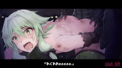 Rule 34 | 1girl, absurdres, ass, ass grab, bruise, elf, goblin, goblin male, goblin slayer!, green eyes, green hair, hair intakes, high elf archer (goblin slayer!), highres, injury, interspecies, letterboxed, llowoll, long hair, nude, open mouth, pointy ears, rape, saliva, scared, sex, sex from behind, tears, thighhighs