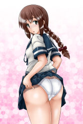 Rule 34 | 1girl, ass, ayanami (kancolle), blush, braid, breasts, brown eyes, brown hair, butt crack, clothes lift, kantai collection, long hair, looking back, open mouth, panties, school uniform, shiny skin, sideboob, skirt, skirt hold, skirt lift, small breasts, solo, tk (butakuma), twin braids, underwear