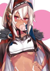 Rule 34 | 1girl, absurdres, azur lane, blush, bodypaint, breast curtain, breasts, brown cape, brown hood, blowing bubbles, cape, chewing gum, commentary request, crossed bangs, dark-skinned female, dark skin, dutch angle, facepaint, fur-trimmed cape, fur trim, hair between eyes, hand on own hip, high ponytail, highres, hood, hood up, long hair, looking at viewer, medium breasts, minneapolis (azur lane), multicolored cape, multicolored clothes, nanakaku, navel, no gloves, red cape, red eyes, revealing clothes, solo, underboob, very long hair, white background, white cape, white hair