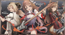 Rule 34 | 3girls, absurdres, animal ears, arknights, back, black background, black legwear, breasts, brown hair, cat ears, cat tail, curled horns, dress, eyjafjalla (arknights), gas mask, goat horns, gradient background, gradient legwear, grey dress, guitar, highres, horns, ifrit (arknights), instrument, jacket, kampher (yekxiong), large tail, long hair, long sleeves, looking at viewer, mask, mask around neck, material growth, medium breasts, multiple girls, one eye closed, open mouth, oripathy lesion (arknights), platinum blonde hair, red jacket, red legwear, respirator, rhine lab logo, sheep ears, sheep horns, skyfire (arknights), small breasts, smile, tail, thighhighs, torn clothes, torn coat