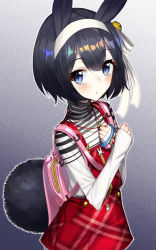Rule 34 | 1girl, :o, animal ears, backpack, bag, bell, black hair, blue eyes, blush, bow, hair bell, hair between eyes, hair bow, hair ornament, hairband, jingle bell, long sleeves, original, overall skirt, overalls, parted lips, plaid, rabbit ears, rabbit girl, rabbit tail, red overalls, shirt, short hair, skirt, sleeves past wrists, solo, striped bow, striped clothes, striped shirt, tail, the cold, white bow, white hairband, white shirt