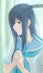 Rule 34 | 1girl, absurdres, blue feathers, blue hair, blue neckerchief, blue sailor collar, blush, closed mouth, curtains, expressionless, feathers, hibike! euphonium, highres, holding, holding feather, indoors, kitauji high school uniform, liz to aoi tori, long hair, neckerchief, own hands together, piroaki, red eyes, sailor collar, school uniform, shirt, short sleeves, solo, white shirt, window, yoroizuka mizore