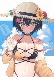 Rule 34 | &gt;:), 1girl, absurdres, bandaid, bandaid on shoulder, bare shoulders, bikini, black bikini, black hair, blue eyes, blue sky, blush, breasts, brown hat, brown jacket, cleavage, closed mouth, cloud, cloudy sky, commentary request, day, flower, food, hair between eyes, hair ornament, hairclip, hat, hat flower, highleg, highleg bikini, highres, holding, holding food, jacket, looking at viewer, medium breasts, navel, nirareba, off shoulder, open clothes, open jacket, orange flower, original, pink flower, popsicle, red flower, red rose, rose, sky, smile, solo, straw hat, swimsuit, upper body, v-shaped eyebrows, white flower, x hair ornament