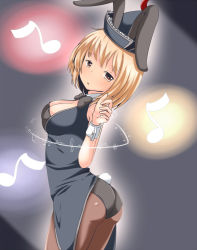 Rule 34 | 1girl, a-ktoo, animal ears, ass, black pantyhose, blonde hair, bow, bowtie, breasts, cleavage, detached collar, hat, leotard, lunasa prismriver, musical note, open mouth, pantyhose, playboy bunny, rabbit ears, rabbit tail, short hair, solo, tail, tailcoat, touhou, vest, wrist cuffs, yellow eyes