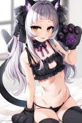 Rule 34 | 1girl, :p, animal ear fluff, animal ears, animal hands, bare arms, bare shoulders, black bra, black gloves, black neckwear, black panties, black ribbon, black thighhighs, blunt bangs, blush, bra, cat ears, cat lingerie, cat tail, choker, cleavage cutout, clothing cutout, flat chest, gloves, hair ornament, hair ribbon, hand up, hololive, long hair, looking at viewer, marota, meme attire, murasaki shion, murasaki shion (gothic lolita), navel, no pants, orange eyes, panties, paw gloves, ribbon, silver hair, sitting, smile, solo, stomach, tail, thighhighs, tongue, tongue out, underwear, underwear only, virtual youtuber