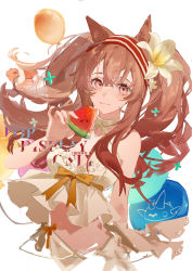 Rule 34 | 1girl, 9degree, angelina (arknights), animal ears, arknights, balloon, bare arms, bare shoulders, bow, brown hair, clownfish, commentary, cowboy shot, dress, eating, fish, flower, food, fox ears, fruit, hair flower, hair ornament, hairband, highres, holding, holding food, long hair, looking at viewer, midriff, pocky, red eyes, red hairband, ribbon, sidelocks, simple background, sleeveless, sleeveless dress, solo, symbol-only commentary, twintails, watermelon, white background, white dress, yellow ribbon
