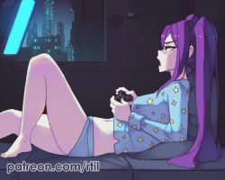 Rule 34 | 1girl, bare legs, barefoot, blue shirt, blue shorts, blush, commentary, controller, english commentary, foot out of frame, from side, game controller, holding, holding controller, holding game controller, indoors, jill stingray, long hair, looking away, lying, night, on back, on bed, open mouth, pajamas, patreon username, pillow, print shirt, purple hair, rtil, shirt, short shorts, shorts, solo, star (symbol), star print, twintails, va-11 hall-a