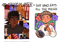 Rule 34 | 2boys, bishop (chess), black hair, blonde hair, blue eyes, blush, chess piece, chessboard, chewing, chopsticks, closed eyes, cropped torso, dark-skinned male, dark skin, dungeon meshi, eating, eldhuug, english text, flower, highres, holding, holding chopsticks, kabru, knight (chess), laios thorden, male focus, multiple boys, pawn (chess), rainbow, rook (chess), short hair, simple background, smile, sparkle, wavy hair, white background