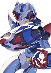 Rule 34 | 1boy, android, arm cannon, capcom, commentary, cowboy shot, fujino yuuki, green eyes, helmet, looking to the side, male focus, mega man (series), mega man x2, mega man x (series), second armor x (mega man), serious, simple background, solo, weapon, white background, x (mega man)