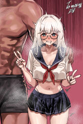 Rule 34 | 1boy, 1girl, absurdres, black-framed eyewear, blue eyes, blue skirt, blush, breasts, chroong, cleavage, clenched teeth, dark-skinned male, dark skin, double v, drooling, glasses, hair in own mouth, hand on another&#039;s shoulder, head out of frame, height difference, highleg, highleg panties, highres, large breasts, long hair, looking at viewer, male underwear, miniskirt, mouth drool, muscular, muscular male, neckerchief, nose blush, original, panties, pantyshot, pleated skirt, red background, red neckerchief, sailor collar, school uniform, serafuku, simple background, skirt, sweat, teeth, topless male, underboob, underwear, v, white hair, white panties