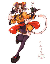 Rule 34 | animal ears, arc system works, battle fantasia, breasts, cat ears, cat tail, coyori, japanese clothes, kimono, sandals, tail, thighhighs, translation request, waitress