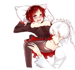Rule 34 | 2girls, blush, breasts, brown legwear, cunnilingus, heavy breathing, kuma (bloodycolor), lowres, lying, moaning, multiple girls, nipples, on back, open mouth, oral, pantyhose, pussy, pussy juice, ruby rose, rwby, spread legs, tears, torn clothes, torn legwear, uncensored, wavy mouth, weiss schnee, yuri