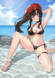 Rule 34 | :d, absurdres, arm behind head, barefoot, beret, bikini, black bikini, black choker, blue eyes, breasts, brown hair, choker, cloud, cloudy sky, collarbone, commission, feet, female commander (girls&#039; frontline), full body, girls&#039; frontline, hat, highres, large breasts, legs, lens flare, long hair, nanni jjang, navel, ocean, open mouth, outdoors, red hat, red ribbon, ribbon, rock, side ponytail, sitting, sky, smile, solo, swimsuit, termichan (not-a-bot), thigh strap, thighs, toes, wet