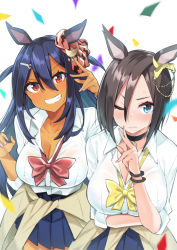 Rule 34 | 2girls, absurdres, air groove (umamusume), animal ears, arm under breasts, blue eyes, blue hair, blue skirt, blush, bow, bowtie, breast hold, breasts, brown hair, choker, cleavage, closed mouth, collared shirt, confetti, cowboy shot, dark-skinned female, dark skin, grin, hair ornament, hairclip, hand up, hands up, highres, hishi amazon (umamusume), horse ears, large breasts, lips, looking at viewer, multiple girls, one eye closed, pleated skirt, red bow, red bowtie, sasanon (sasapoliton), school uniform, shirt, short hair, simple background, skirt, sleeves rolled up, smile, teeth, umamusume, v, white background, white shirt, wristband, yellow bow, yellow bowtie