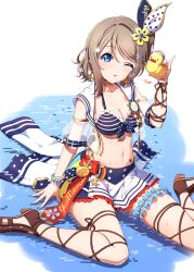Rule 34 | 1girl, amagi (volfuji), bikini, blue eyes, blush, breasts, brown hair, cleavage, heart, highres, lace, love live!, love live! sunshine!!, midriff, one eye closed, ribbon, rubber duck, shoes, short hair, simple background, smile, solo, swimsuit, water