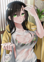 Rule 34 | 1girl, abe hikaru, absurdres, adjusting hair, bag, black hair, blurry, blurry background, blush, bra, bra visible through clothes, collarbone, denim, depth of field, floral print, green eyes, hair between eyes, highres, hikaru (gevp7588), holding, holding bag, hood, hood down, hooded jacket, hoodie, indoors, jacket, jacket on shoulders, jeans, long hair, looking at viewer, nail polish, orange nails, original, pants, parted lips, plant, potted plant, see-through, shirt, shopping bag, short sleeves, solo, underwear, upper body, wet, wet clothes, wet shirt, white shirt, yellow jacket, zipper